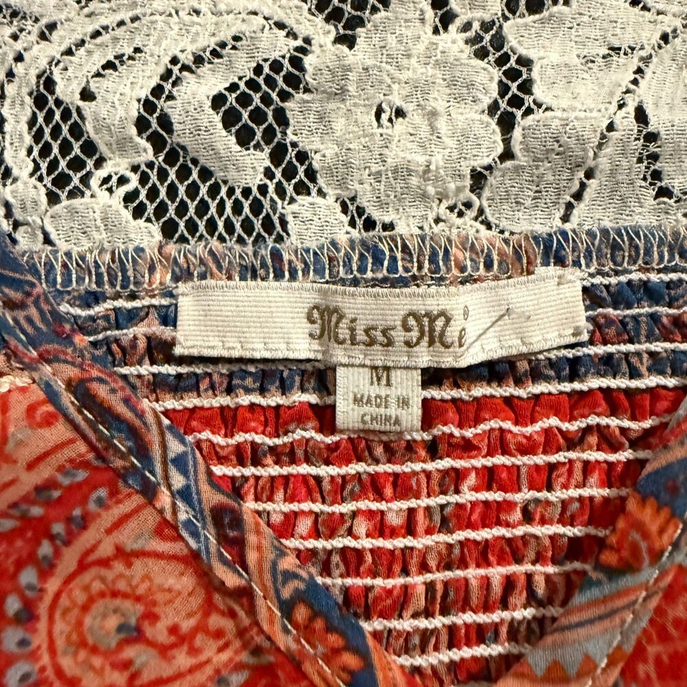 Miss Me Boho Paisley High-Low Dress Size M Orange Rust Smocked Lace Back Western - Picture 5 of 9